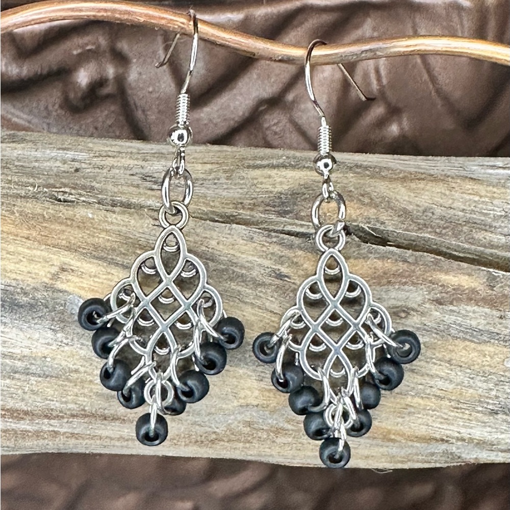 Vintage-Inspired Silver and Matte Black Chandelier Earrings - Handmade